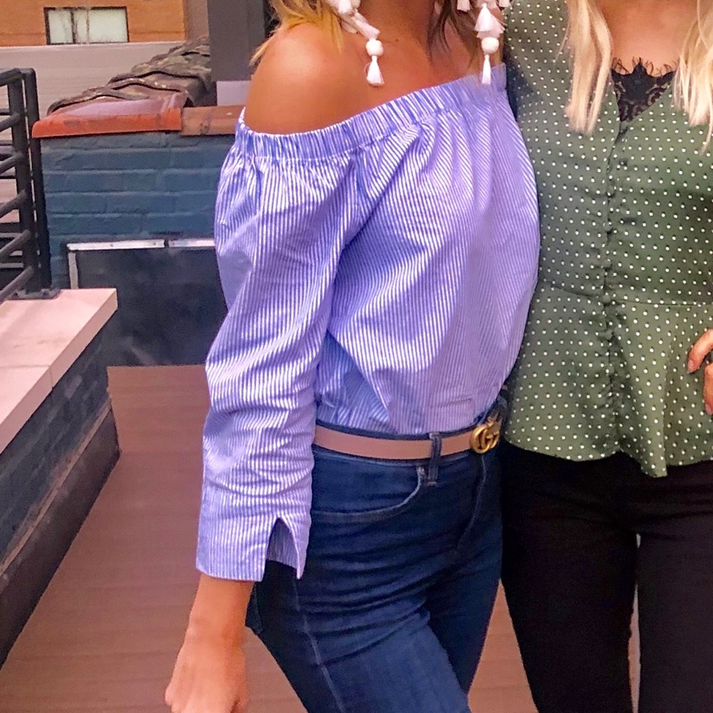 Blue and white striped off the shoulder top